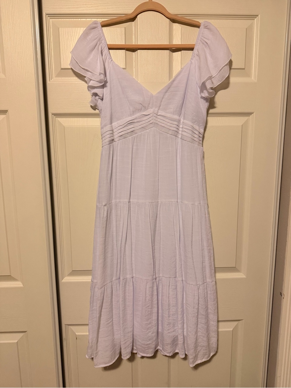 Trixxi White V-Neck Tiered Midi Dress with Flutter Sleeves